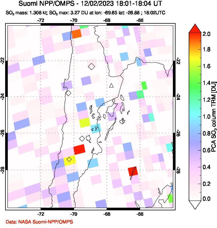 A sulfur dioxide image over Northern Chile on Dec 02, 2023.