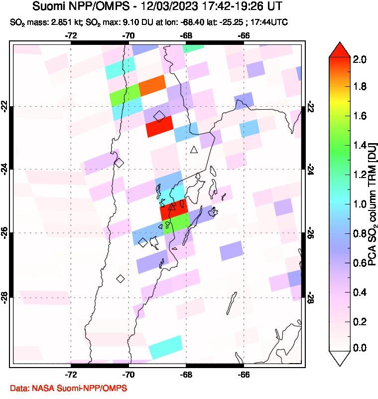 A sulfur dioxide image over Northern Chile on Dec 03, 2023.