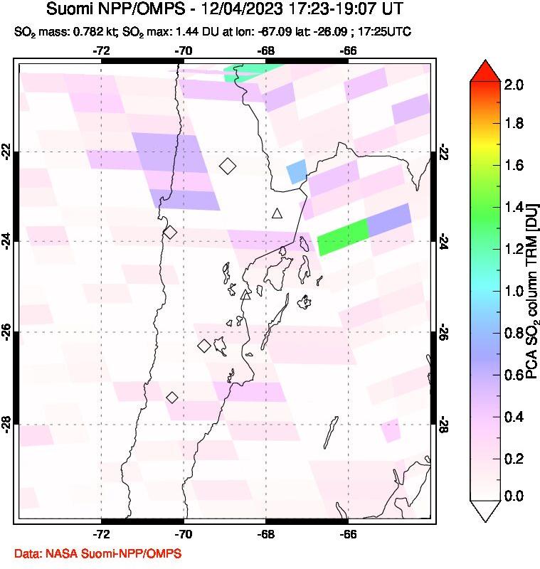 A sulfur dioxide image over Northern Chile on Dec 04, 2023.