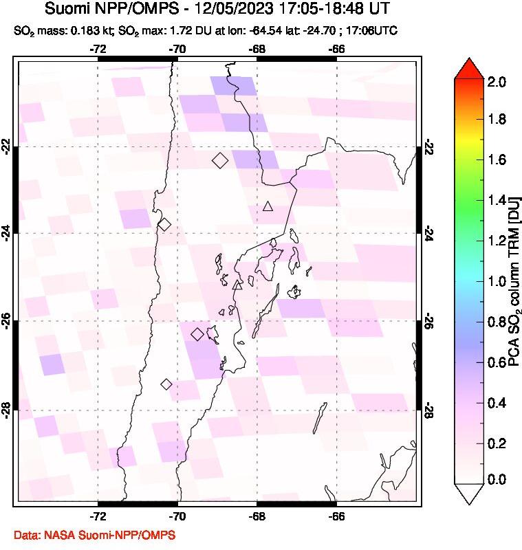 A sulfur dioxide image over Northern Chile on Dec 05, 2023.