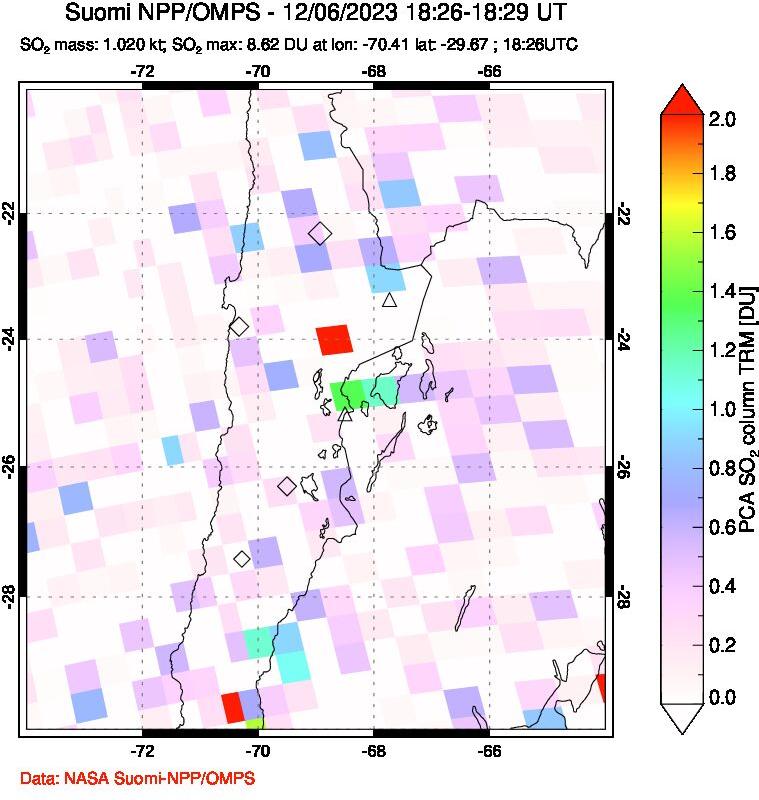 A sulfur dioxide image over Northern Chile on Dec 06, 2023.