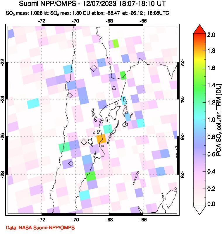 A sulfur dioxide image over Northern Chile on Dec 07, 2023.