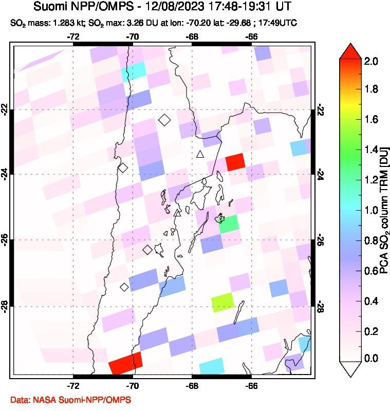 A sulfur dioxide image over Northern Chile on Dec 08, 2023.