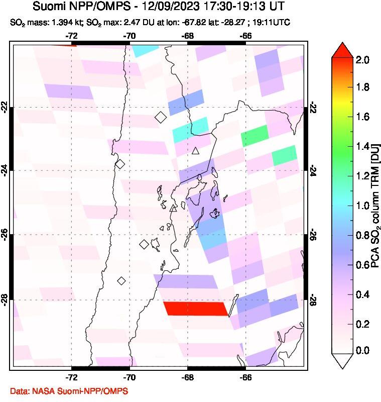 A sulfur dioxide image over Northern Chile on Dec 09, 2023.