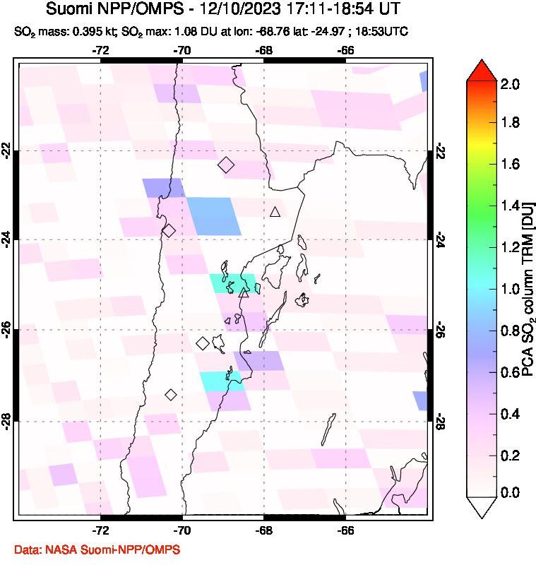 A sulfur dioxide image over Northern Chile on Dec 10, 2023.