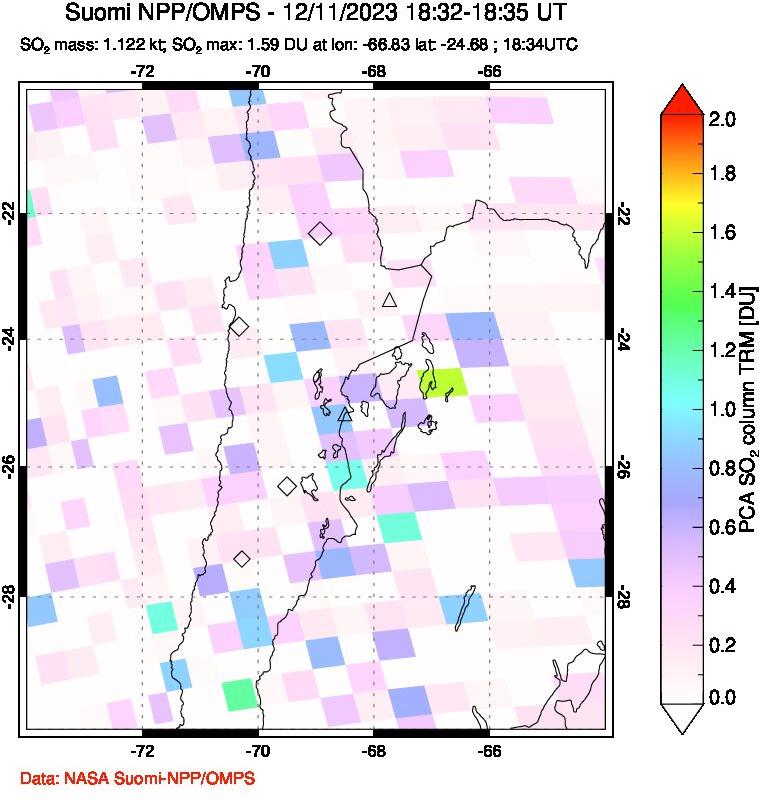 A sulfur dioxide image over Northern Chile on Dec 11, 2023.