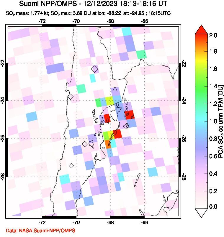 A sulfur dioxide image over Northern Chile on Dec 12, 2023.