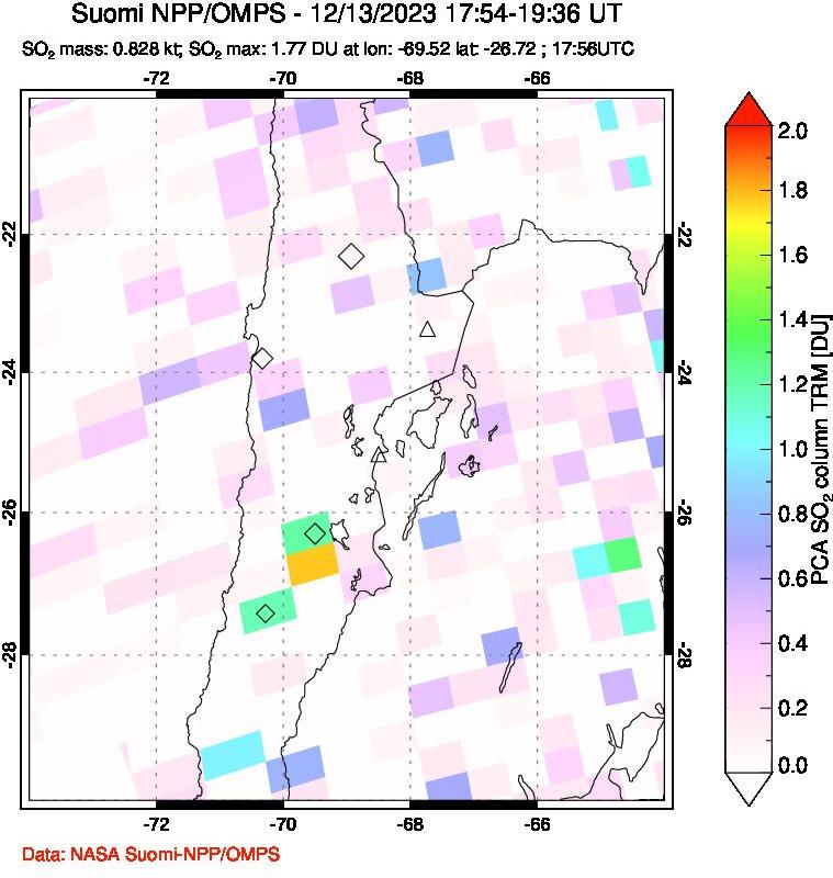 A sulfur dioxide image over Northern Chile on Dec 13, 2023.