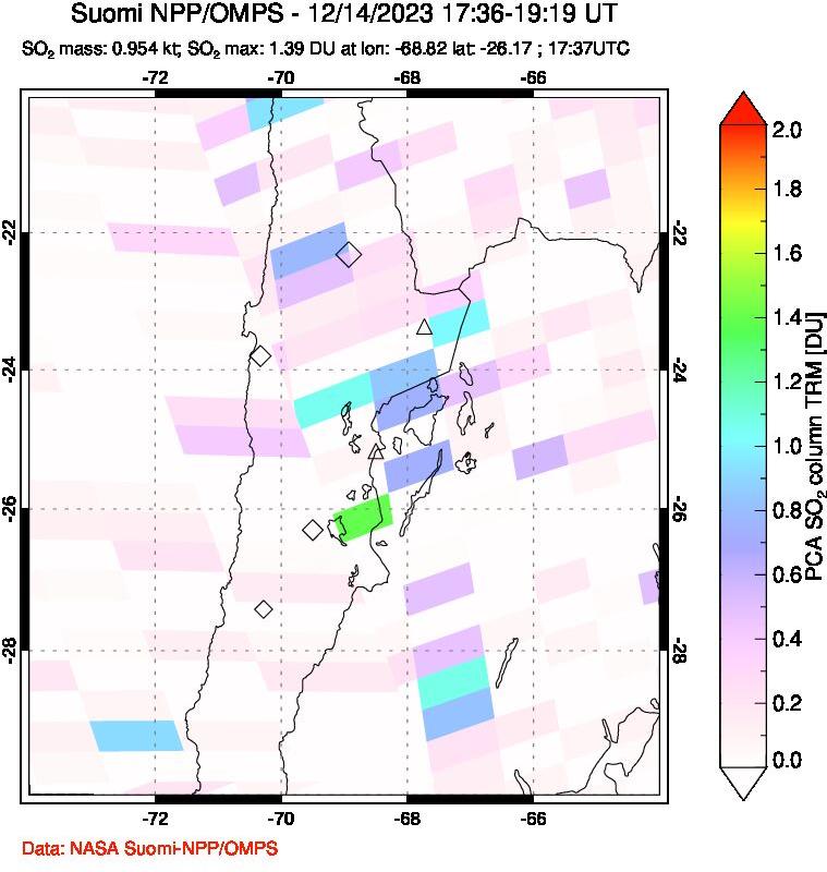 A sulfur dioxide image over Northern Chile on Dec 14, 2023.