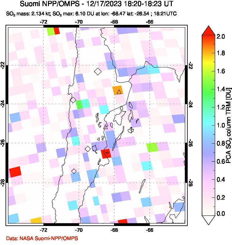 A sulfur dioxide image over Northern Chile on Dec 17, 2023.