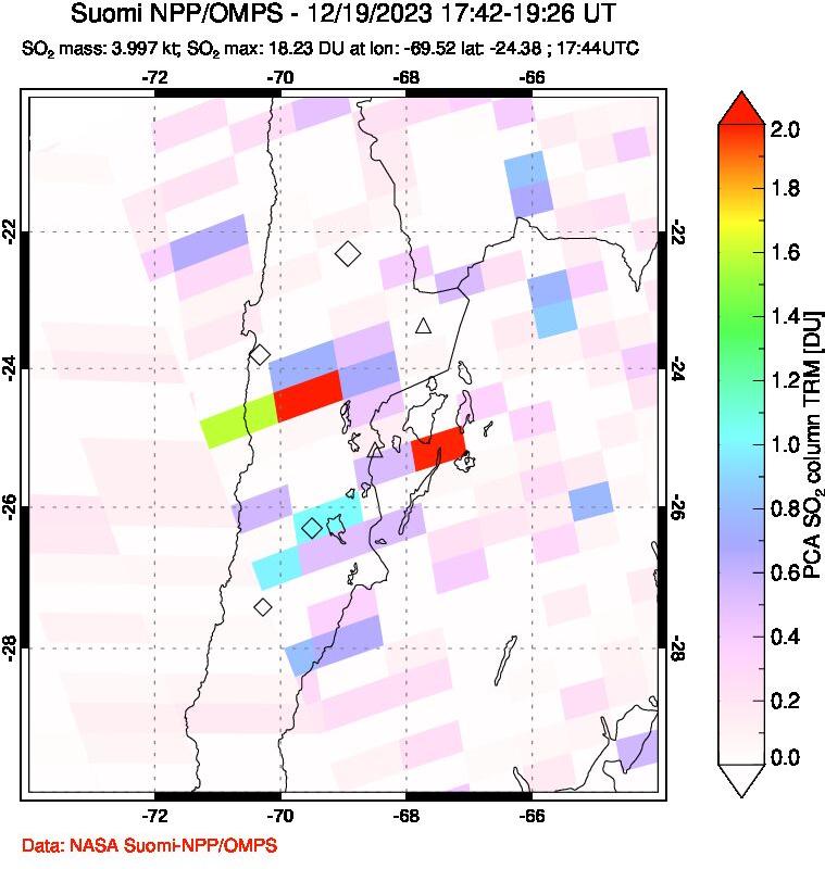 A sulfur dioxide image over Northern Chile on Dec 19, 2023.