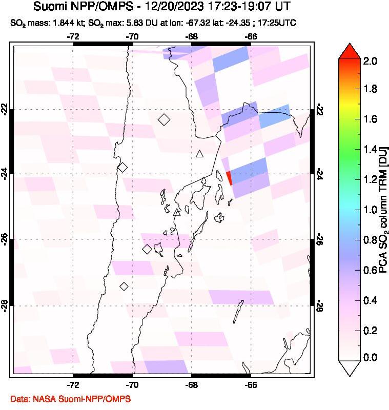 A sulfur dioxide image over Northern Chile on Dec 20, 2023.