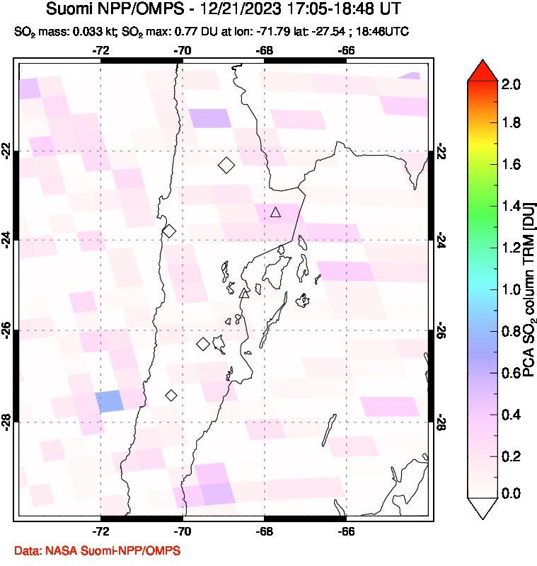 A sulfur dioxide image over Northern Chile on Dec 21, 2023.