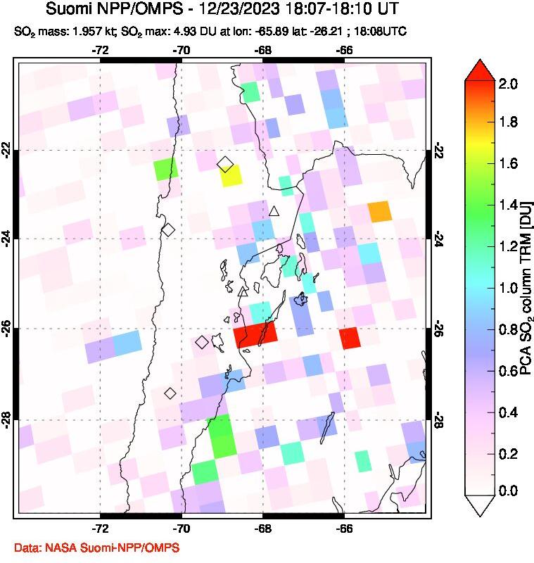 A sulfur dioxide image over Northern Chile on Dec 23, 2023.