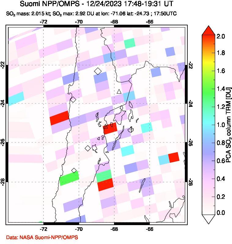 A sulfur dioxide image over Northern Chile on Dec 24, 2023.