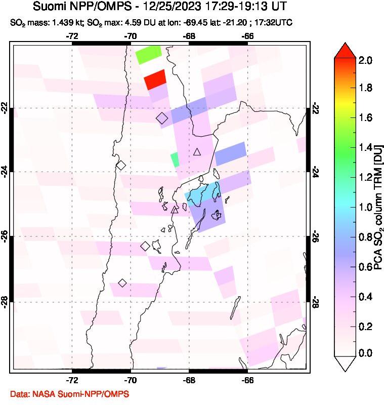 A sulfur dioxide image over Northern Chile on Dec 25, 2023.