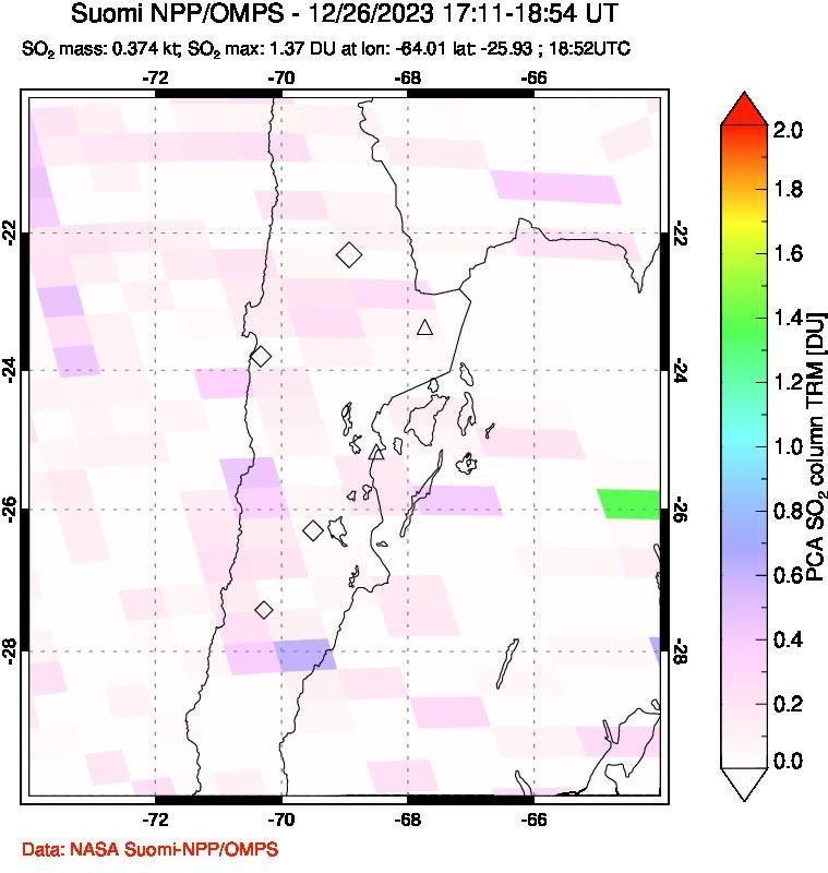 A sulfur dioxide image over Northern Chile on Dec 26, 2023.