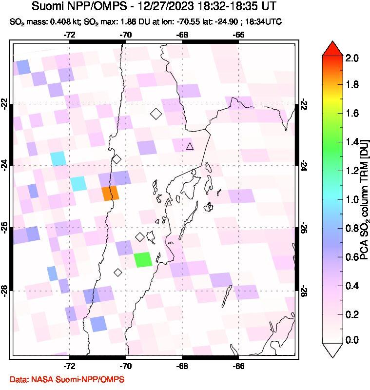 A sulfur dioxide image over Northern Chile on Dec 27, 2023.