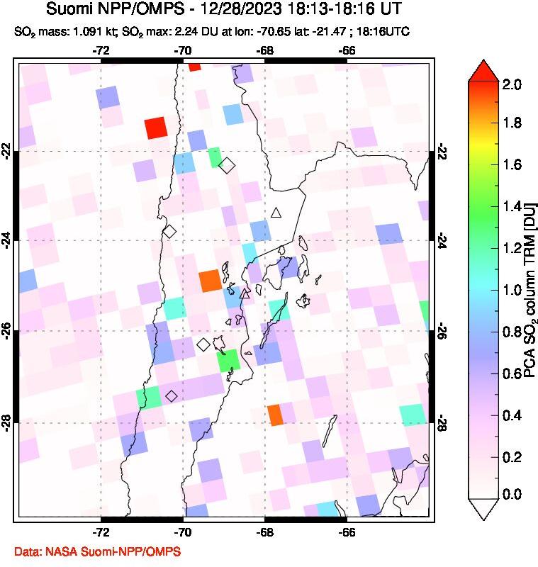 A sulfur dioxide image over Northern Chile on Dec 28, 2023.