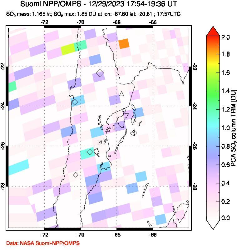 A sulfur dioxide image over Northern Chile on Dec 29, 2023.