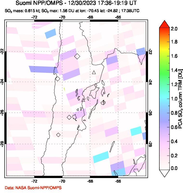 A sulfur dioxide image over Northern Chile on Dec 30, 2023.