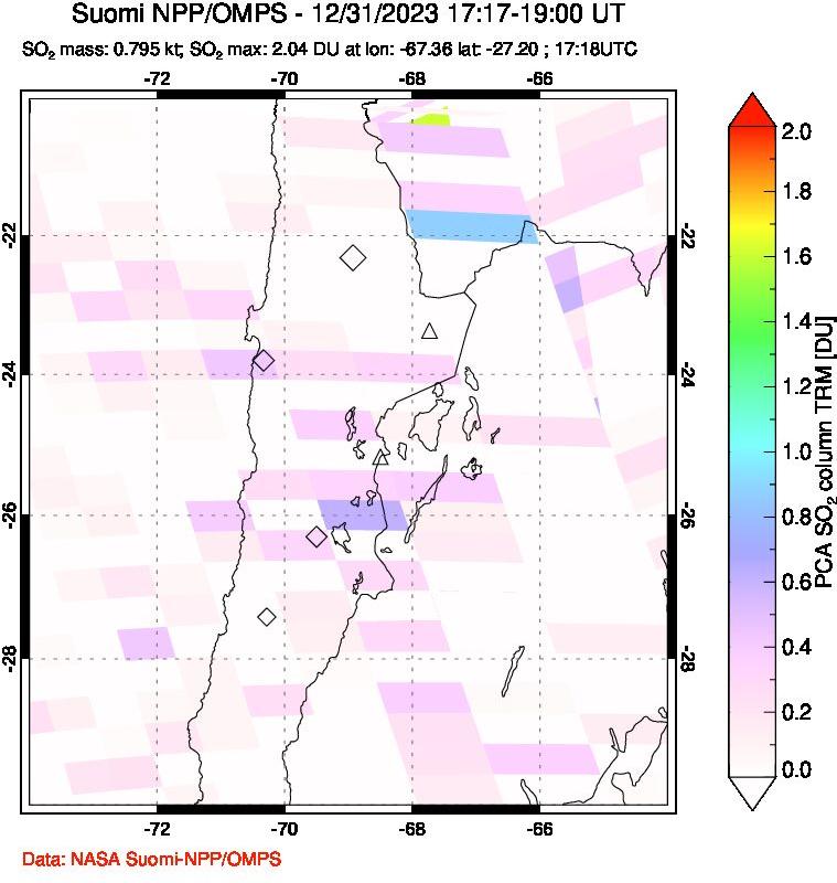 A sulfur dioxide image over Northern Chile on Dec 31, 2023.