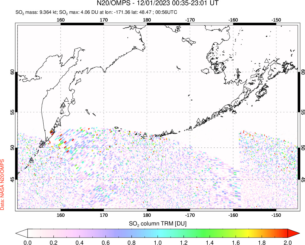 A sulfur dioxide image over North Pacific on Dec 01, 2023.