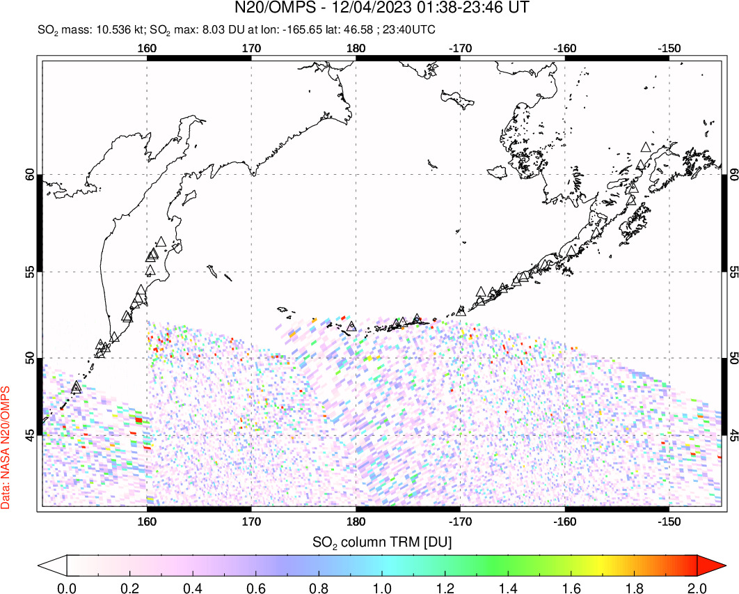 A sulfur dioxide image over North Pacific on Dec 04, 2023.