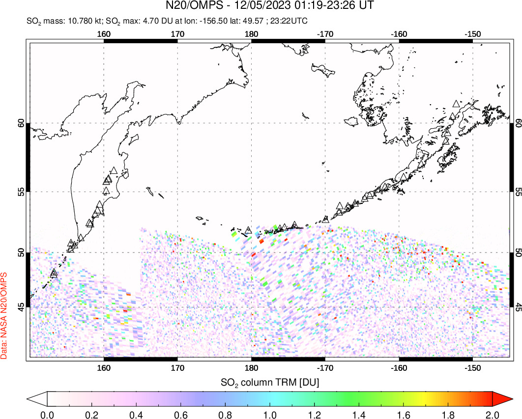 A sulfur dioxide image over North Pacific on Dec 05, 2023.