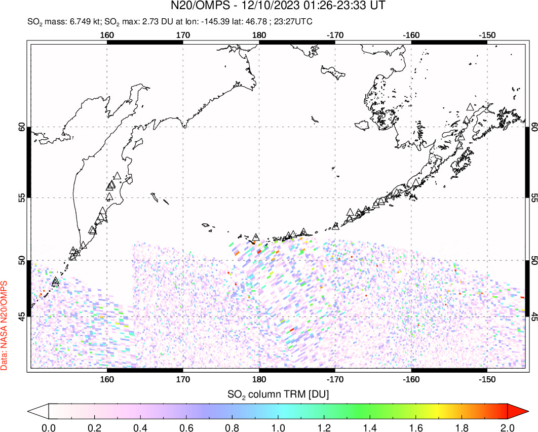 A sulfur dioxide image over North Pacific on Dec 10, 2023.