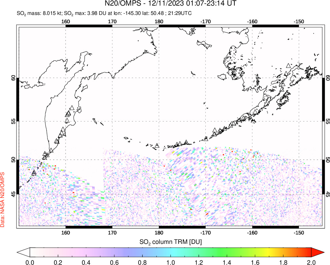 A sulfur dioxide image over North Pacific on Dec 11, 2023.