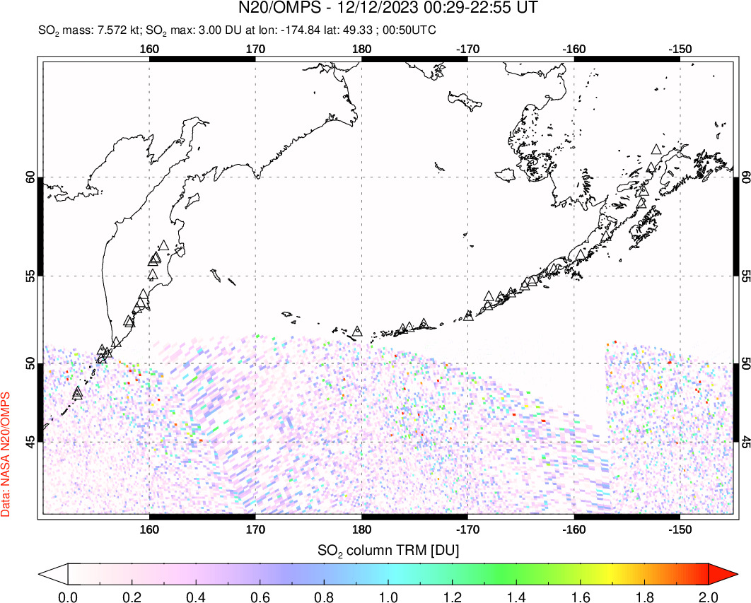 A sulfur dioxide image over North Pacific on Dec 12, 2023.