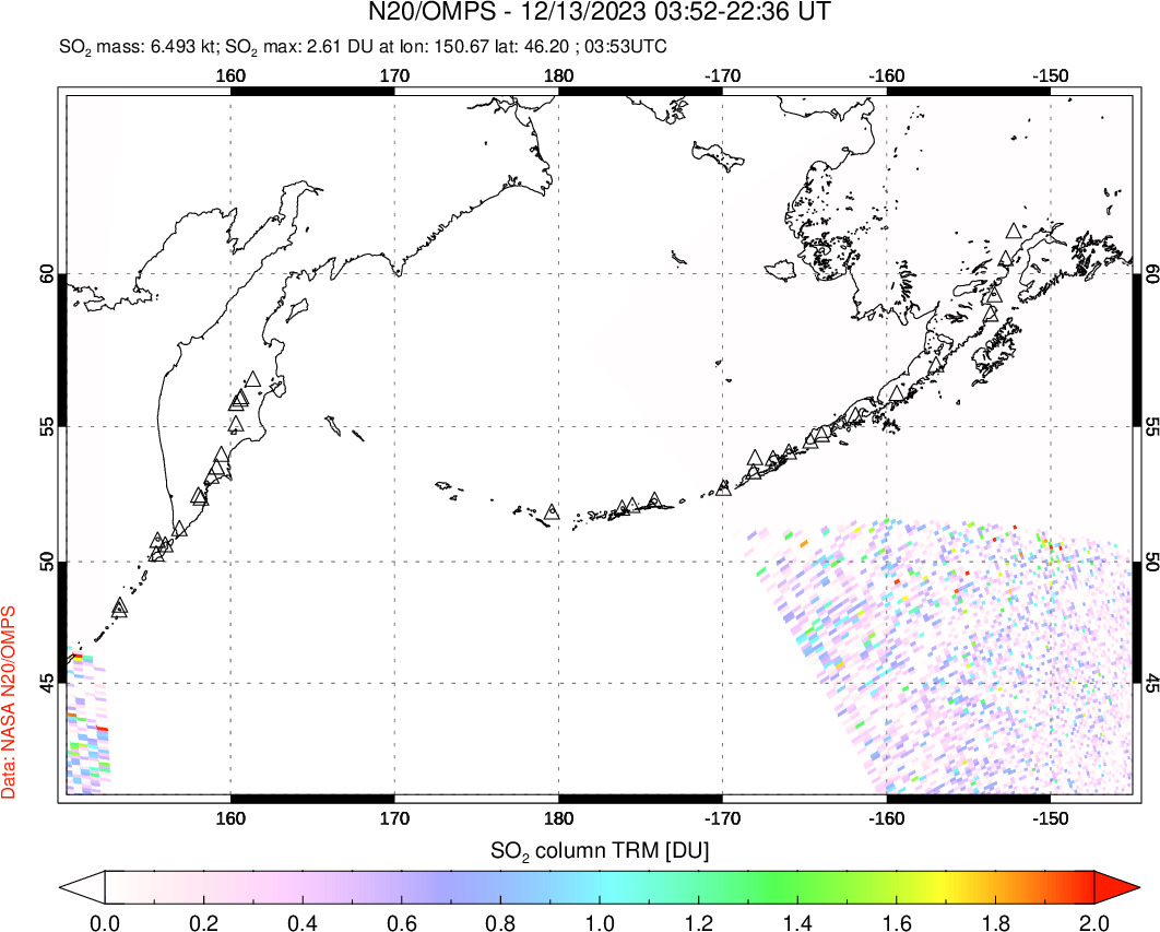 A sulfur dioxide image over North Pacific on Dec 13, 2023.