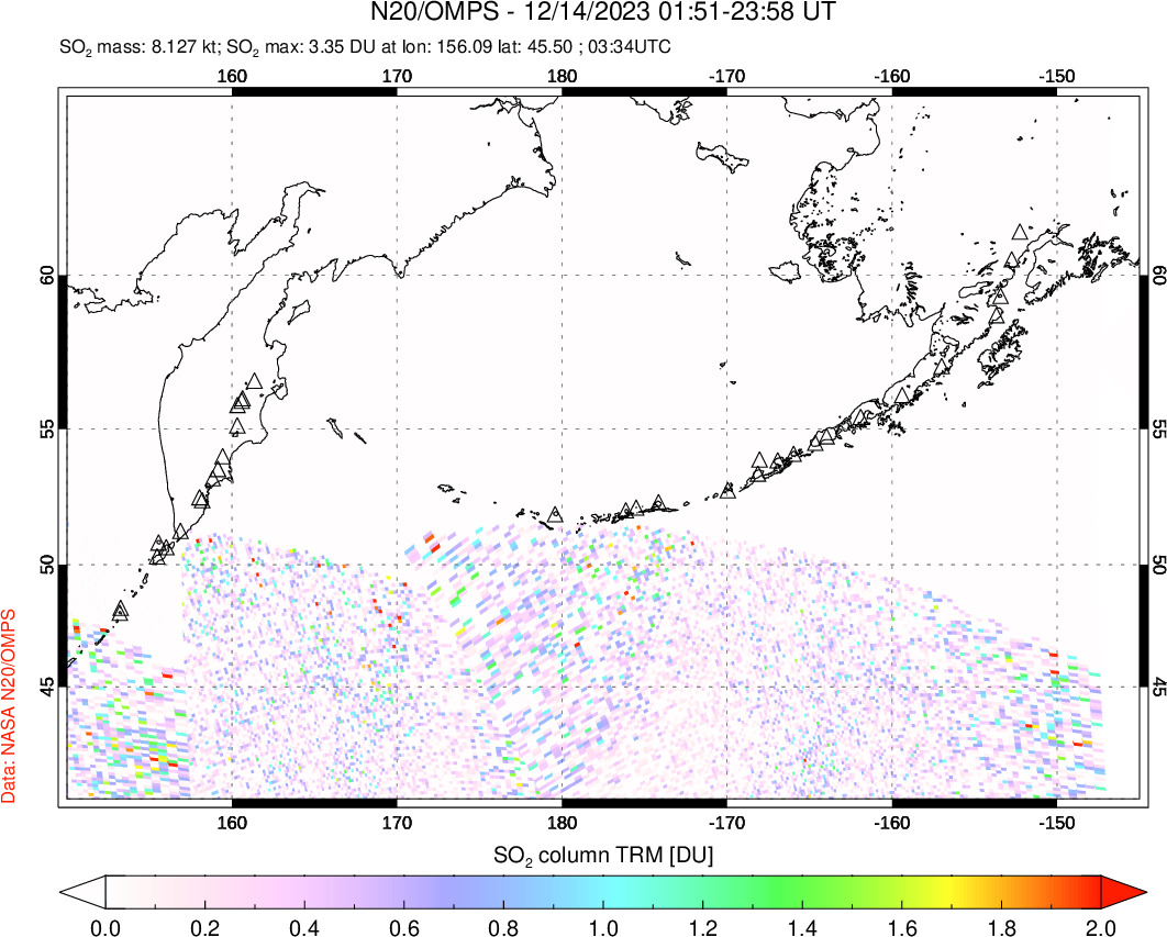 A sulfur dioxide image over North Pacific on Dec 14, 2023.