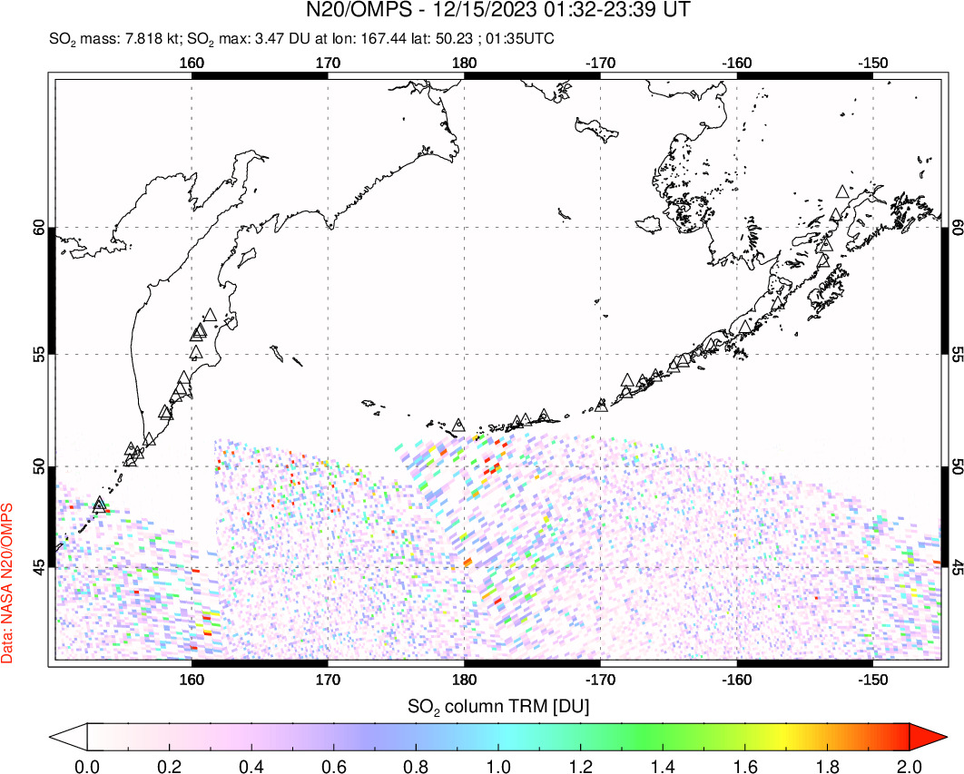 A sulfur dioxide image over North Pacific on Dec 15, 2023.