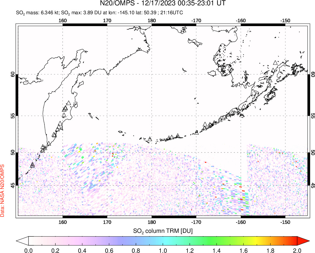 A sulfur dioxide image over North Pacific on Dec 17, 2023.