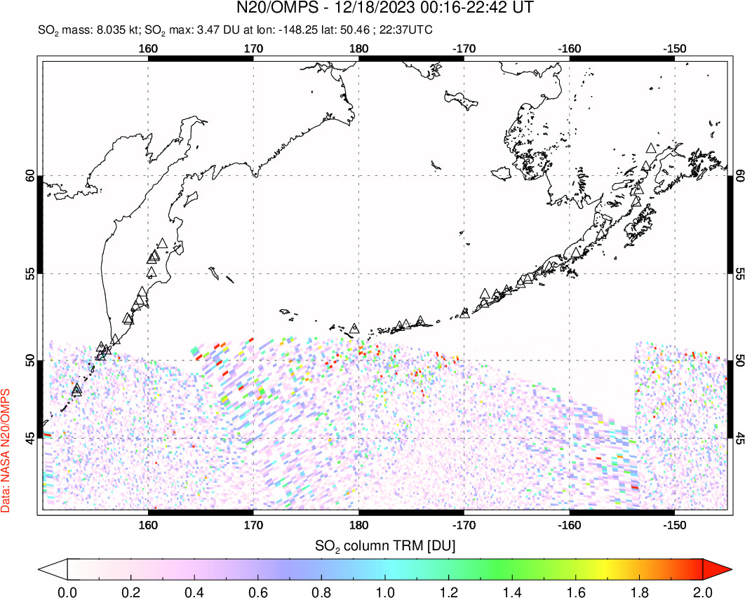 A sulfur dioxide image over North Pacific on Dec 18, 2023.