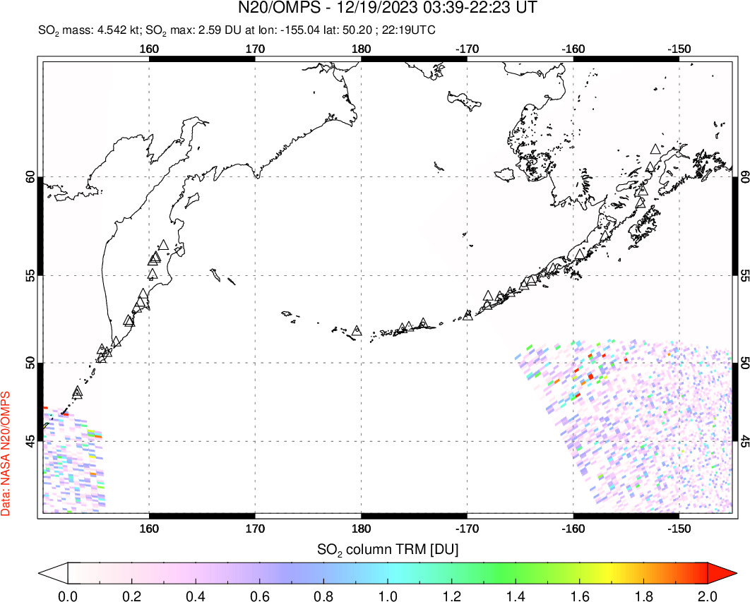 A sulfur dioxide image over North Pacific on Dec 19, 2023.