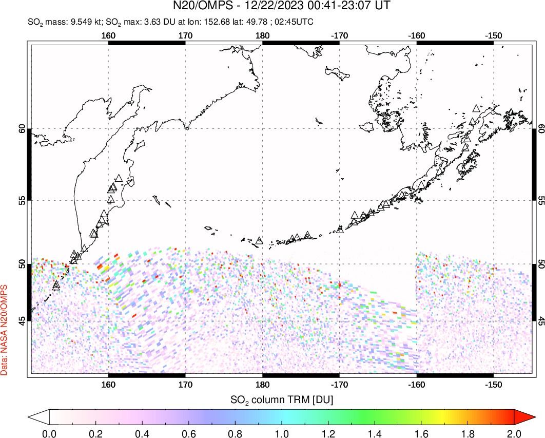 A sulfur dioxide image over North Pacific on Dec 22, 2023.