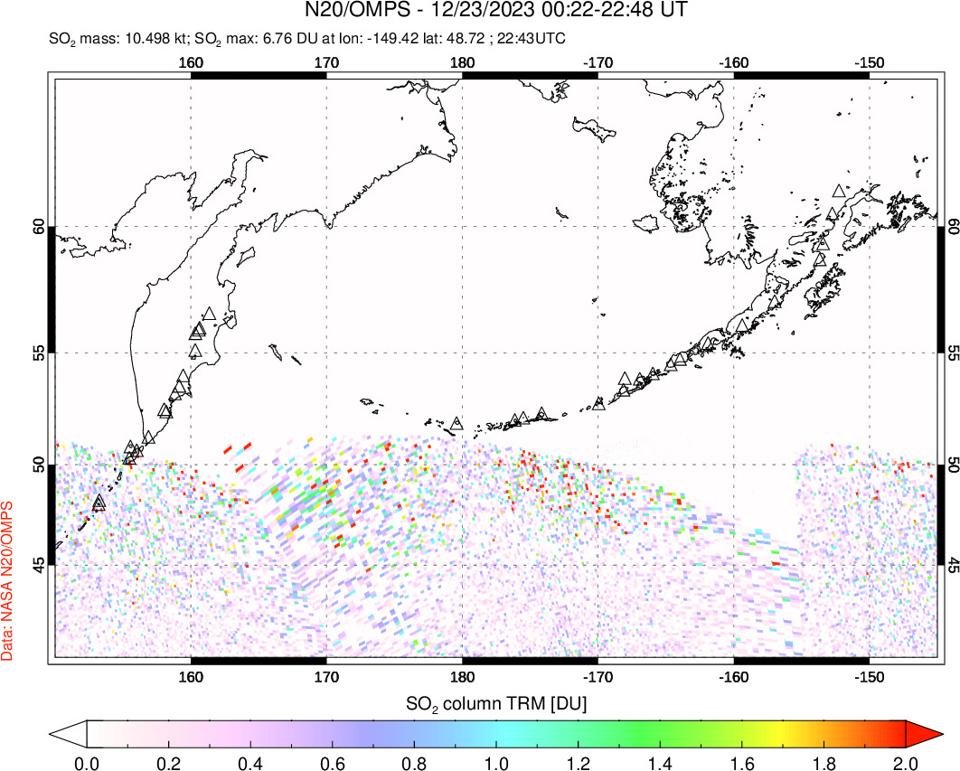 A sulfur dioxide image over North Pacific on Dec 23, 2023.