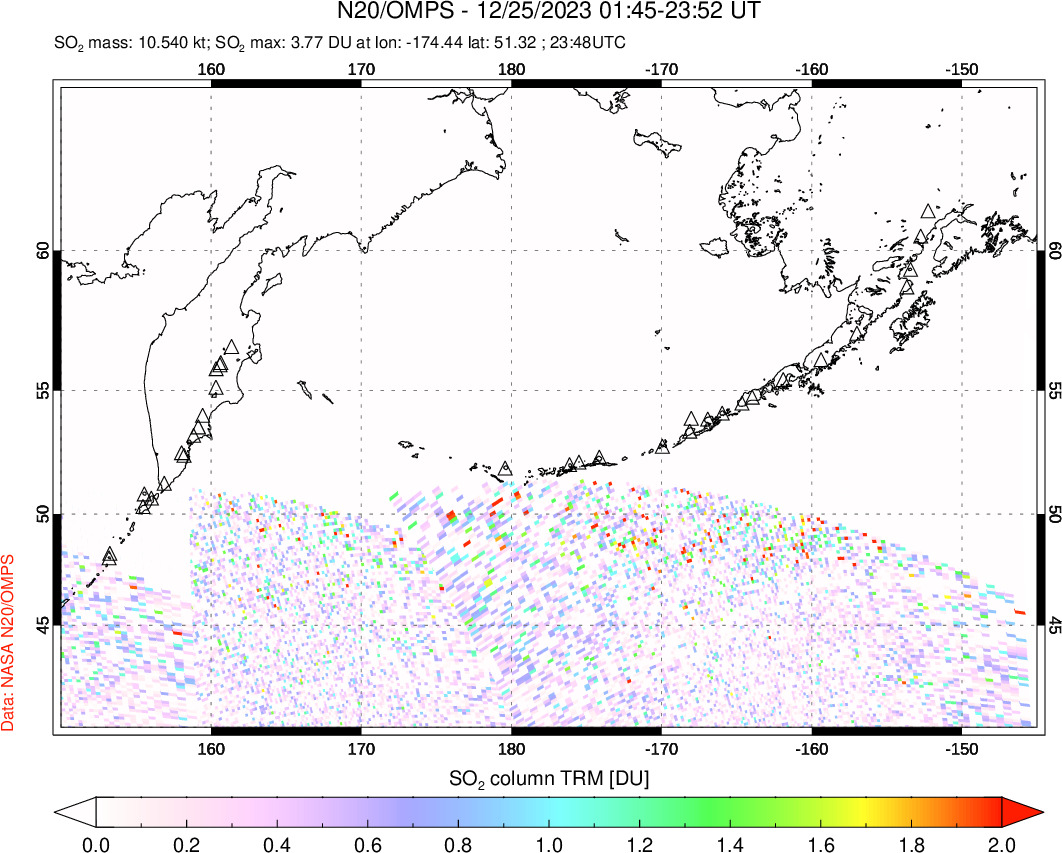 A sulfur dioxide image over North Pacific on Dec 25, 2023.