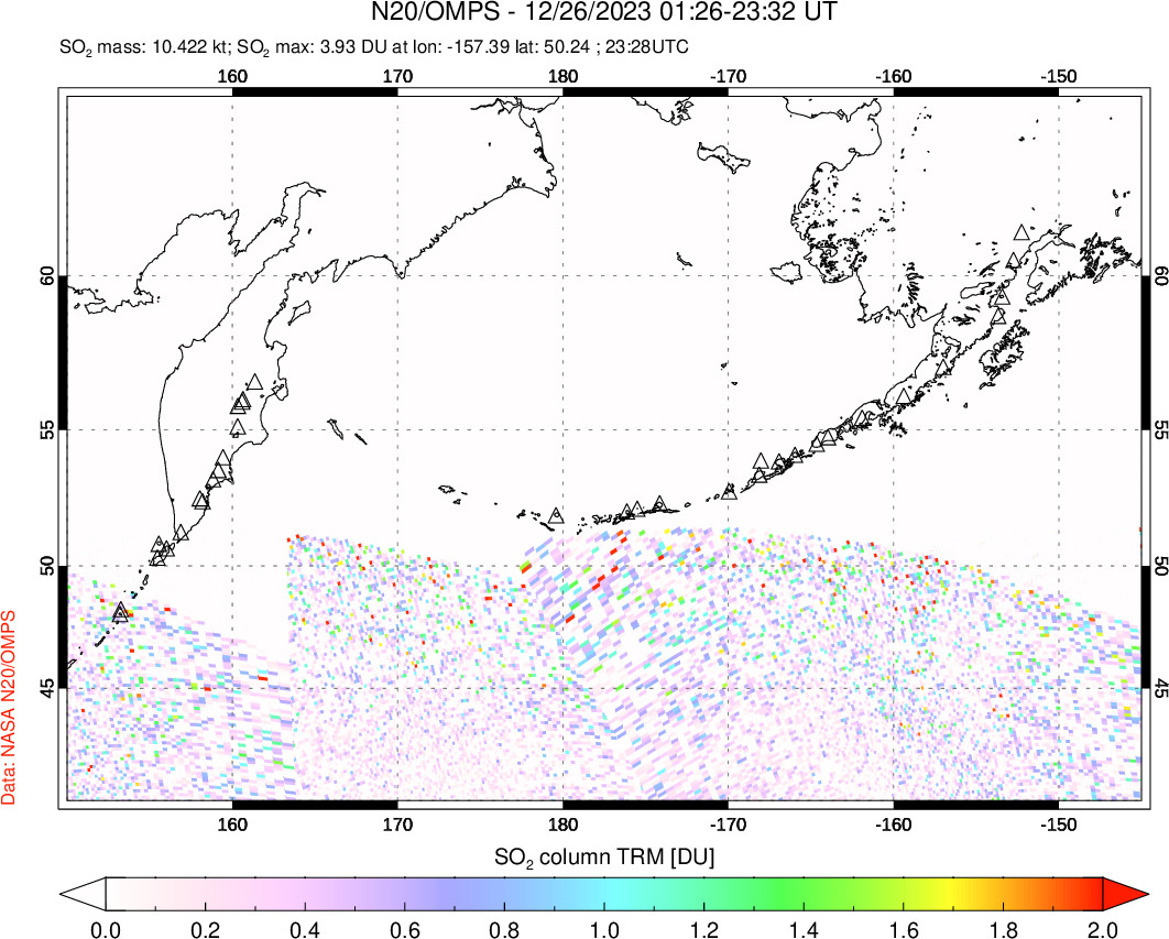 A sulfur dioxide image over North Pacific on Dec 26, 2023.