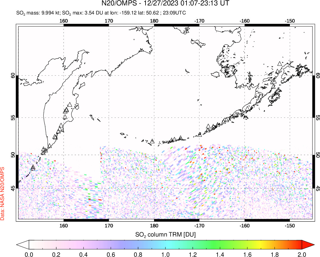 A sulfur dioxide image over North Pacific on Dec 27, 2023.