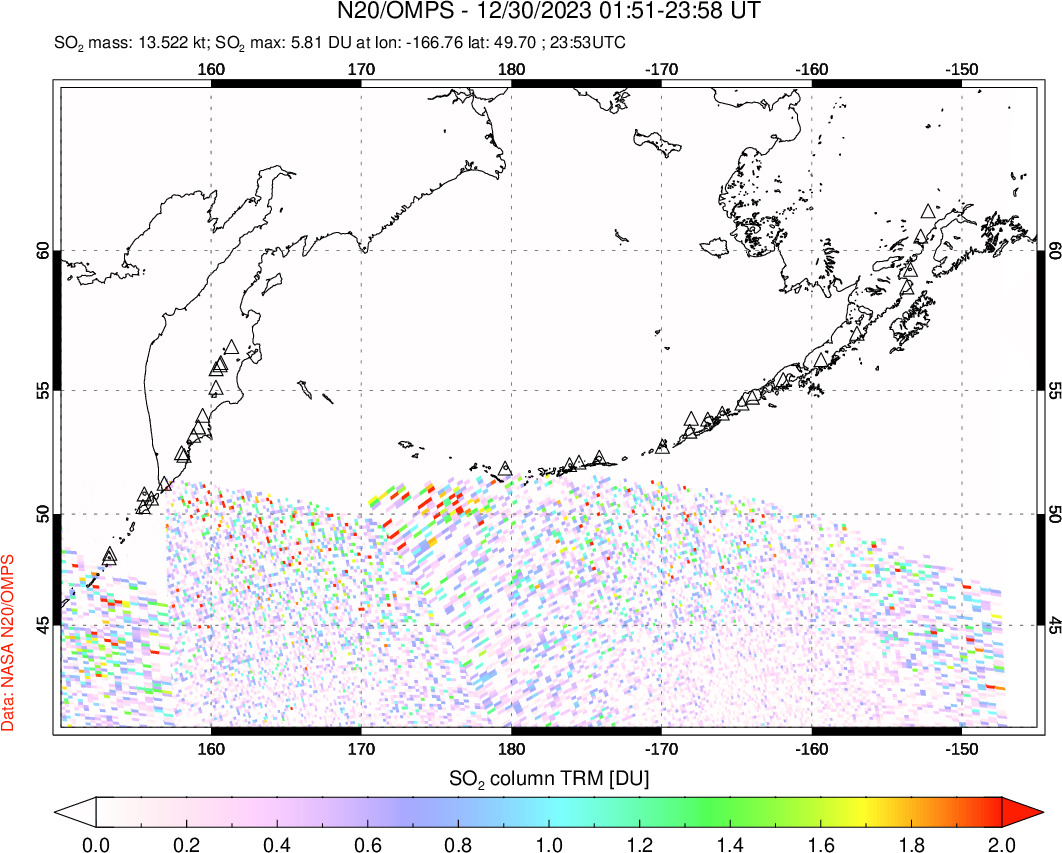 A sulfur dioxide image over North Pacific on Dec 30, 2023.