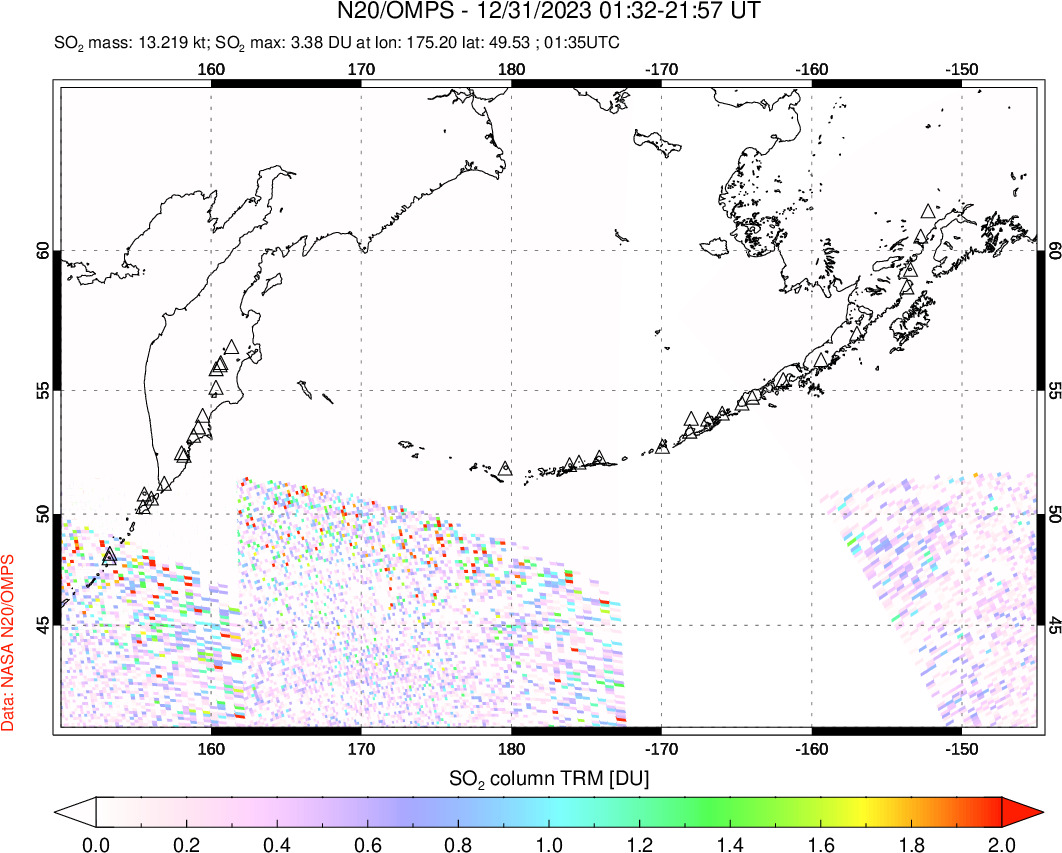 A sulfur dioxide image over North Pacific on Dec 31, 2023.