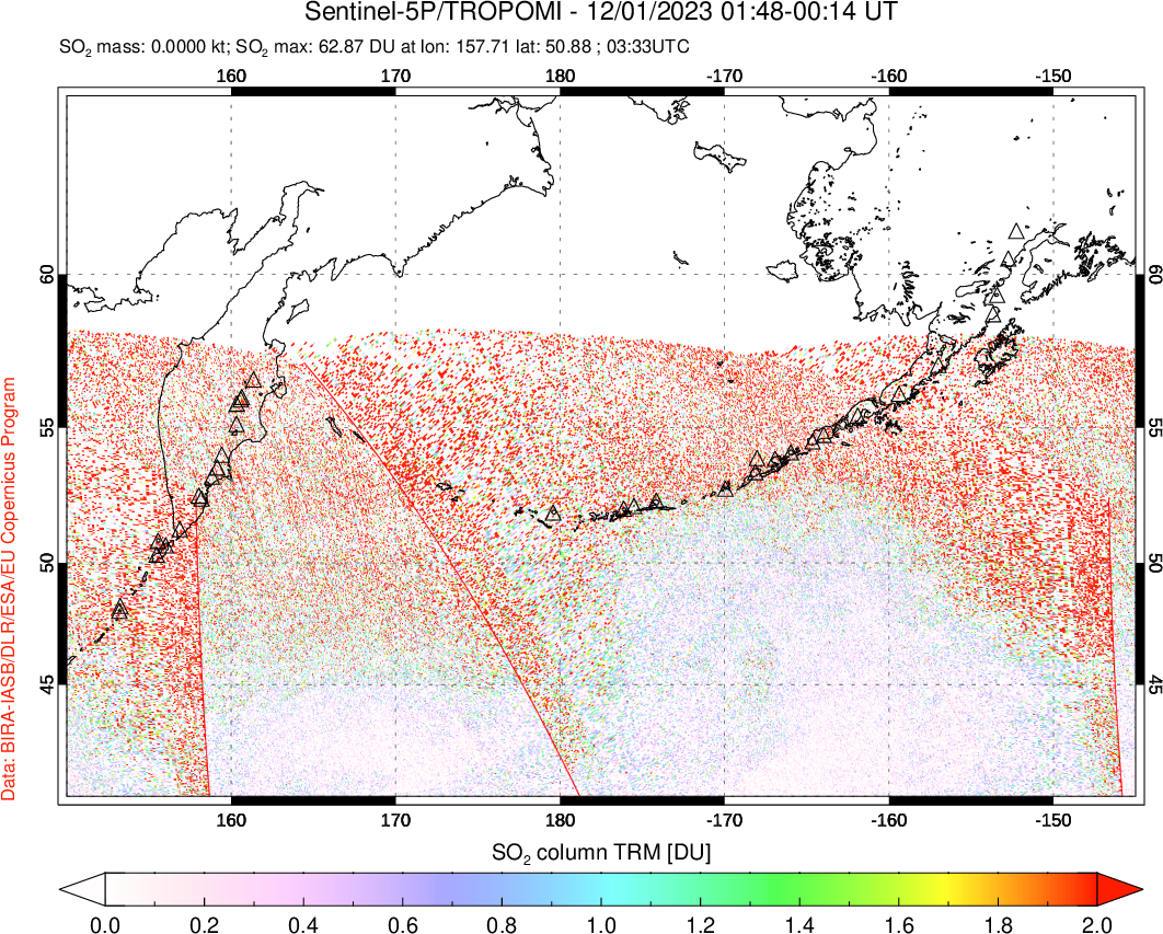 A sulfur dioxide image over North Pacific on Dec 01, 2023.