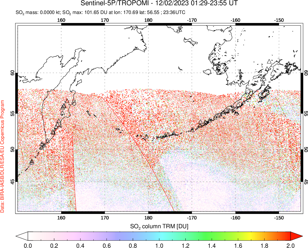 A sulfur dioxide image over North Pacific on Dec 02, 2023.