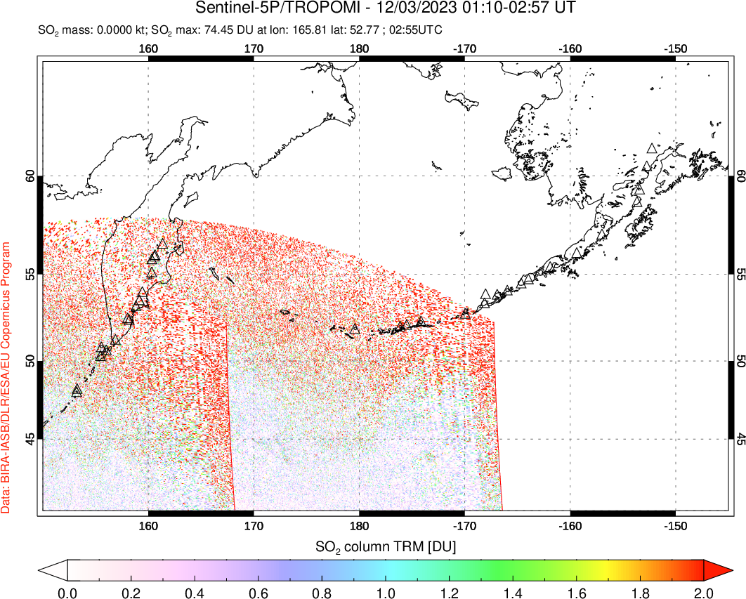 A sulfur dioxide image over North Pacific on Dec 03, 2023.