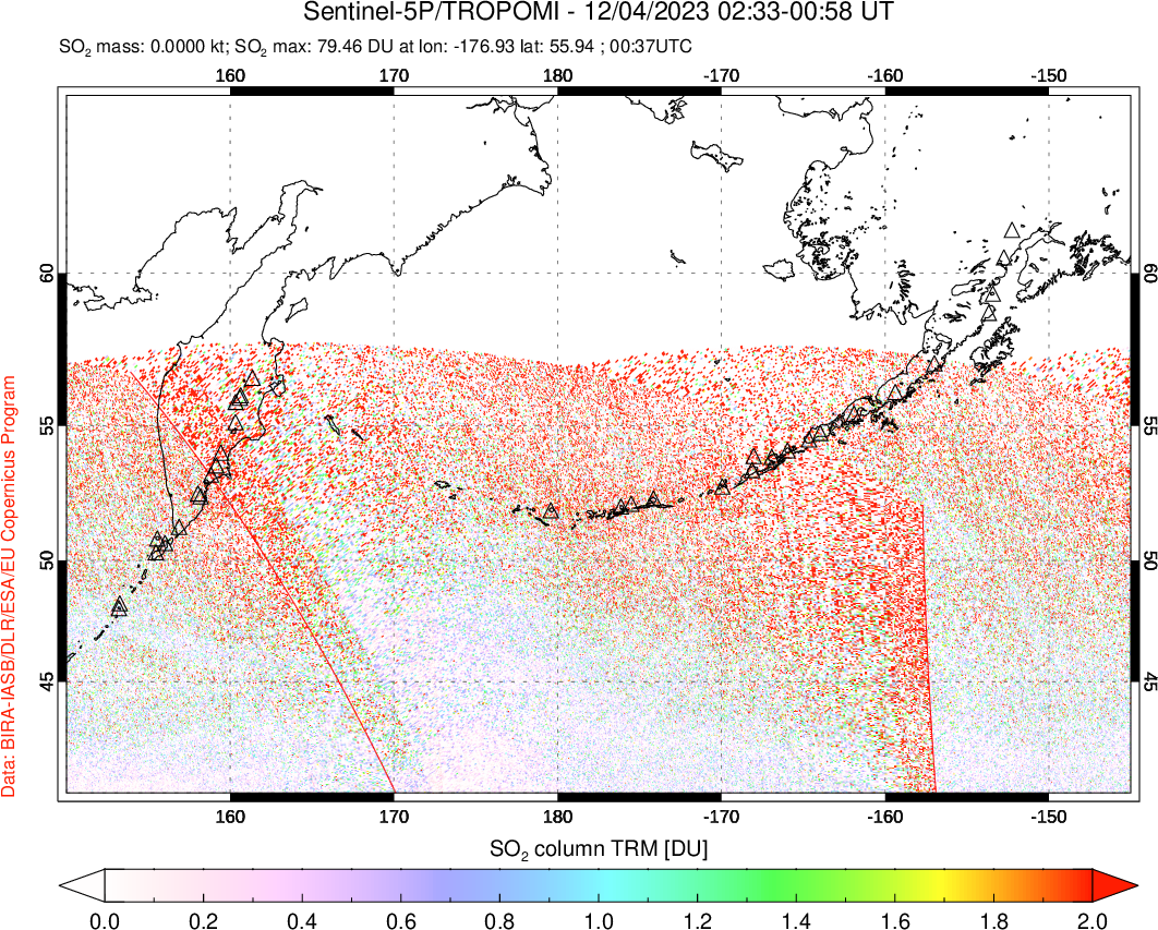 A sulfur dioxide image over North Pacific on Dec 04, 2023.