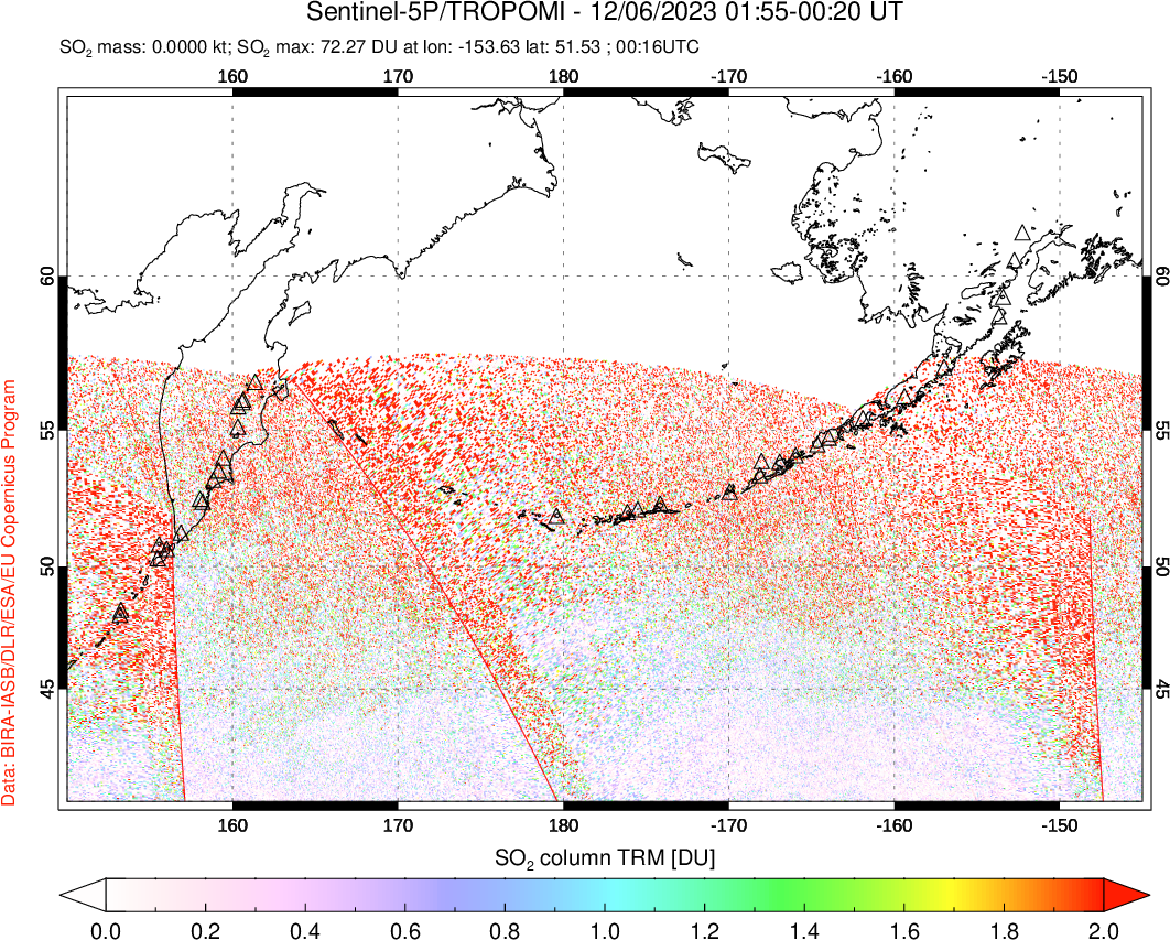 A sulfur dioxide image over North Pacific on Dec 06, 2023.